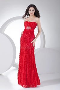 Beaded Red Strapless Dress for Prom Queen with Vertical Ruffles