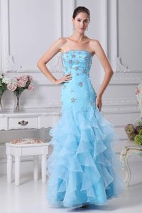 Beading and Ruffles Mermaid Ankle-length Prom Dress in Aqua Blue