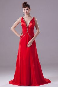 Red Beading V-neck Prom Dress with Ruching Throughout Waist