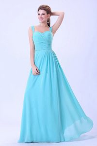Straps Ruches Floor Length Dresses for Prom Queen in Aqua Blue