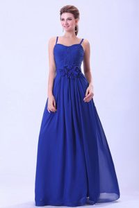 Ruched and Flowery Royal Blue Spaghetti Straps Prom Dresses