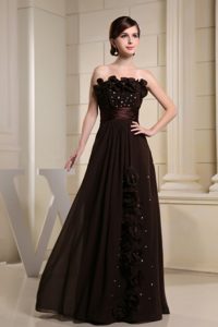 Brown Strapless Prom Dress with Hand Flowers and Ruching Sash