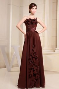 Brown Spaghetti Straps Prom Dress with Hand Flowers and Beading