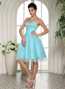 Aqua Blue Sweetheart Beaded Dress for Prom Party to Knee Length
