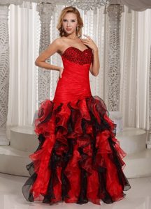 Ruffles Sweetheart Ruched Prom Dress Red and Black with Beading