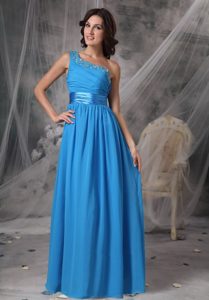 Beaded One Shoulder Sash Empire Dress for Prom Queen in Sky Blue