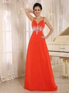 Orange Red Appliques Prom Celebrity Dress with Spaghetti Straps