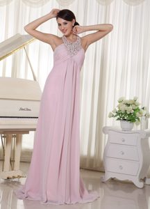 Baby Pink Halter Beaded Chiffon 2013 Prom Dress with Brush Train
