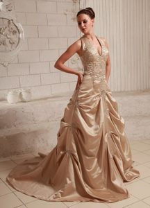 Champagne Halter Beading Dresses for Prom Night with Court Train