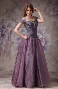 Dark Purple Off Shoulder Beading Prom Dress Taffeta and Organza