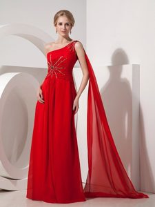 Beaded Red One Shoulder Prom Nightclub Dress with Watteau Train