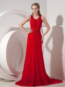 Manhattan Beach CA Red Chiffon Prom Dress of Scoop and Brush Train