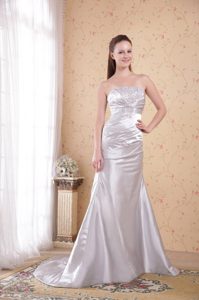 Grey Strapless Appliques and Ruching Prom Dress Attached Court Train