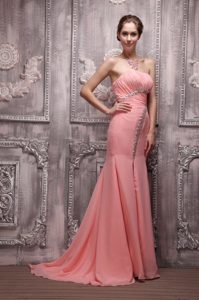 Watermelon Column Strapless Brush Train Beading Prom Evening Dress