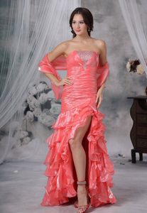 Watermelon Beading and Ruche Ruffles High Slit Prom Dress with Brush Train