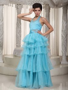 Beading Halter Aqua Blue Empire Layers Organza Prom Evening Dress