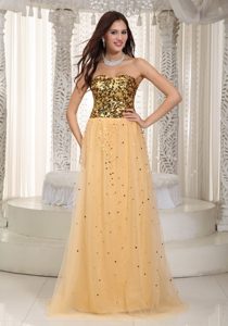 Sweetheart Empire Gold Brush Train Prom Dress in Tulle and Sequins