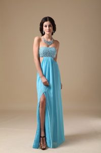 High Slit Open Back Empire Strapless Aqua Chiffon Beading Prom Dress