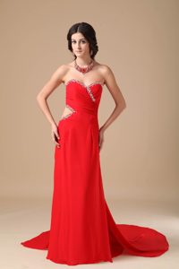 Sexy Red Sweetheart Column Chiffon Beading Prom Dress with Court Train