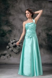 Ruched One Shoulder Apple Green Prom Dama Dresses for Quince Dress