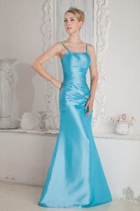 Column Aqua Blue Ruched Prom Dress with Spaghetti Straps