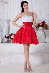 Organza Red and White Beaded Puffy Mini Prom Dress for Girls