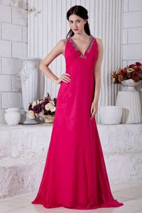 V-neck Brush Train Beaded Ruched Fuchsia Prom Celebrity Dress