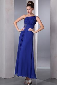 One Shoulder Blue Empire Beading Ankle-length Chiffon Prom Dress