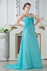 Straps Turquoise Empire Brush Train Ruche and Beading Prom Dress