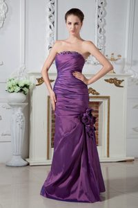 Taffeta Column Strapless Beaded Ruched Purple Prom Dresses