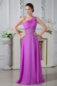 Eye Catching One Shoulder Ruched Beaded Fuchsia Prom Dress