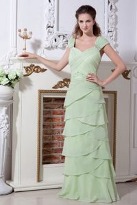 Straps Yellow Green V-neck Layers Prom Dress with Asymmetrical Layers