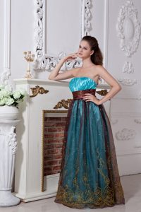 Aqua Strapless Column Organza Floor-length Prom Dress with Embroidery