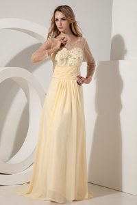 Scoop Beaded Light Yellow Prom Dress with Sheer Long Sleeves