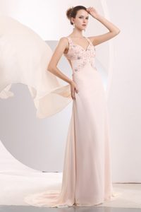 Light Pink Empire Straps Prom Dress with Appliques and Watteau Train