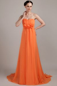 Empire Sweetheart Orange Hand Flowers Prom Dress with Brush Train