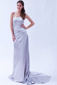 Pretty Court Train Beaded Ruched Lilac Prom Gown Dress A-line