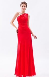 Design One Shoulder Ruched Red Prom Dress with Rhinestones