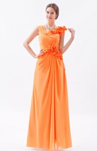 Asymmetrical Orange Column Hand Flowers Chiffon Prom Dress