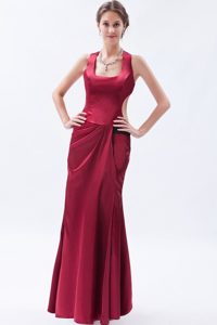 Straps Square Wine Red Column Slit Satin Floor-length Prom Dress