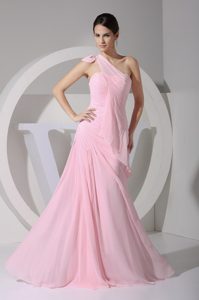 Baby Pink One Shoulder Ruched Chiffon Prom Dress Side Zipper