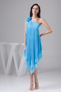 One Shoulder Pleated Aqua Blue Prom Dress for Girls with Flower