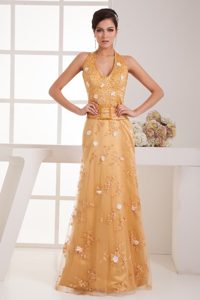 Empire Halter Beaded Long Gold Prom Dresses with Embroidery