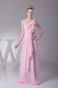 One Shoulder Floor-length Pink Prom Celebrity Dress with Flowers