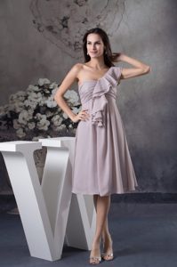 Low Price One Shoulder Ruffled Gray Knee-length Prom Dresses