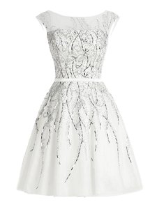 Super White Zipper Scoop Beading Prom Dresses Organza Cap Sleeves