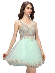 Scoop Apple Green A-line Beading and Appliques Prom Evening Gown Zipper Organza Sleeveless Mini Length