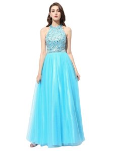 Scoop Floor Length Column/Sheath Sleeveless Aqua Blue Dress for Prom Zipper