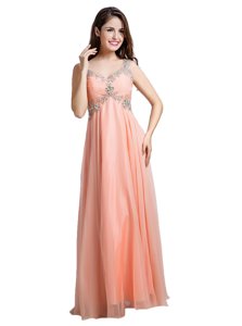 Peach V-neck Backless Beading Dress for Prom Sleeveless