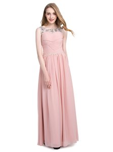 Scoop Pink Zipper Prom Gown Beading Sleeveless Floor Length